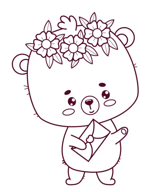 Vector illustration of Happy bear girl with flower wreath with love letter. Cute animal teddy bear kawaii character. Line drawing, coloring book. Kids collection. Vector illustration.