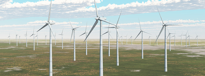 Computer generated 3D illustration with wind turbines in a landscape against a blue sky with clouds