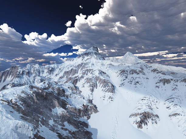 Computer generated 3D illustration of a mountain panorama with snowcapped mountains