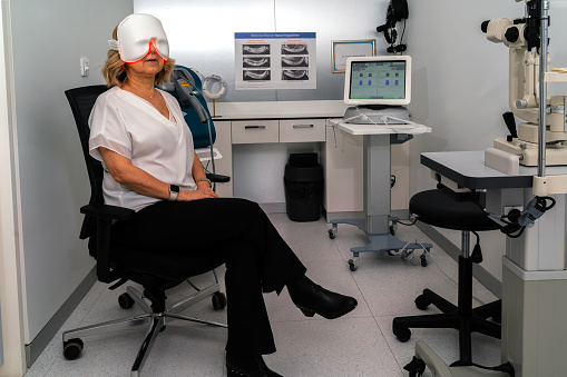 Female ophthalmologist in her own modern clinic. 
IPL Eye Treatment, Laser and Light Modulation Mask. 

IPL, which stands for 