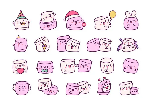 Vector illustration of Kawaii marshmallow cute face character. Cartoon happy food. Hand drawn style. Vector drawing. Collection of design elements.