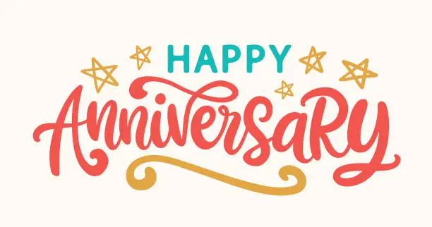 Vector illustration of Happy Anniversary inscription hand written lettering banner, invitation, greeting card typography design. Handwritten modern calligraphy text