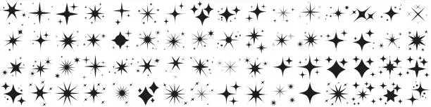 Vector illustration of Twinkling stars big pack. Sparkle star icons. Blink glitter and glowing icon. 64 icons of Sparkling stars.