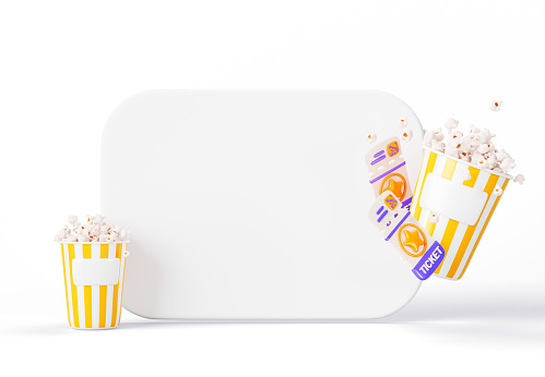 Blank movie poster 3d render. Mockup white board with popcorn buckets and tickets in cinema or theater. Empty advertising banner with paper box pop corn. Announcement, premiere film. 3D illustration