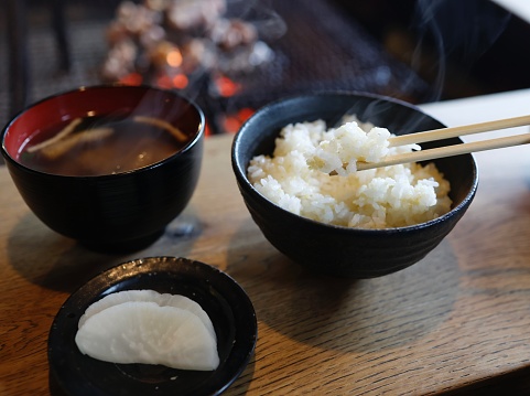 Rice, miso soup and pickles eaten in front of the sunken hearth.