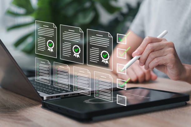 istock Online survey and digital form checklist, Certificate document, Women customers check on the document to rate their satisfaction online, Take an assessment for certificate, questionnaire, evaluation 1992568998