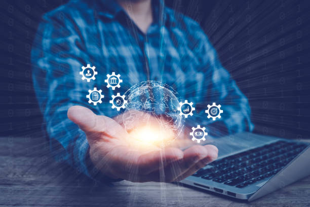 istock businessman hand holding virtual Global Internet connection network. Business global internet connection application technology, digital marketing, Financial and banking, Digital link tech, big data. 1992574497