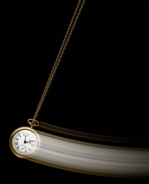 illustrazioni stock, clip art, cartoni animati e icone di tendenza di un antico orologio da tasca su una catena su sfondo nero che oscilla come un pendolo e lascia dietro di sé una scia di luce - watch gold blurred motion time