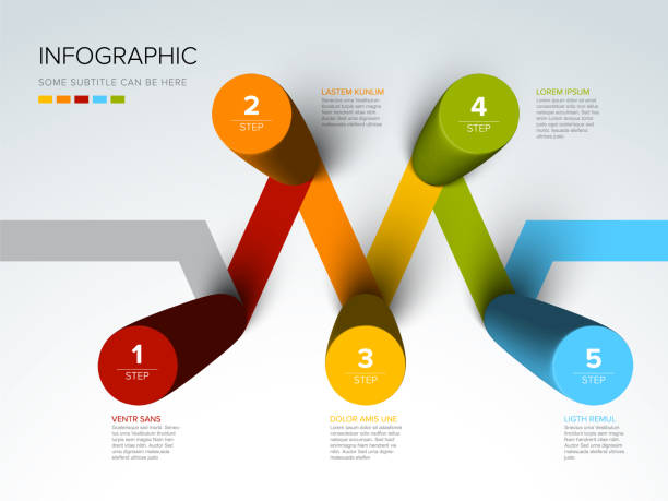 Minimalistic five steps template with cylindric circle steps Vector light multipurpose Infographic template made from color diagonal cylinder steps chart with numbers descriptions color stripes and legend - white background version with 5 steps elements schema stock illustrations