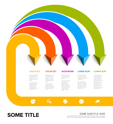 Vibrant arrows form a rainbow infographic with placeholders for text. The graphic features space for a title and subtitles. Simple multipurpose infographic design template.