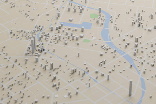 3D rendering city map illustration of a city map created using 3D modeling. Top view of Urban map with main road and sub road detailed representation of a city