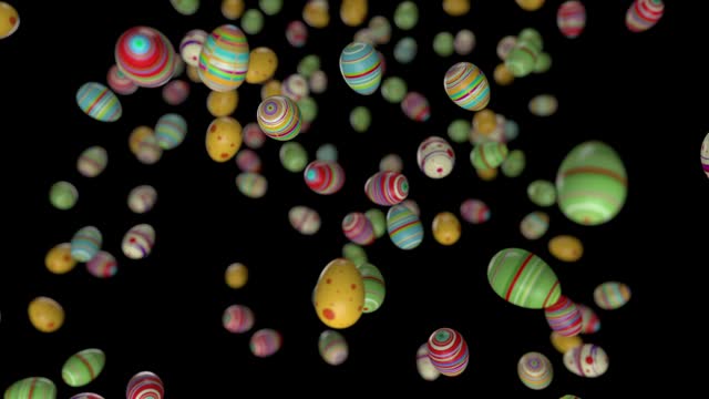 Slow-motion shower of Easter eggs blankets the screen in vibrant hues, ideal for Easter-themed video transitions or backdrops.