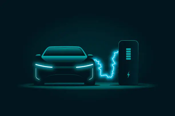 Vector illustration of Electric car at the charging station. Electric current illustration symbolizing EV charging. Blue-green lights reflected against a black background show the power of electricity.