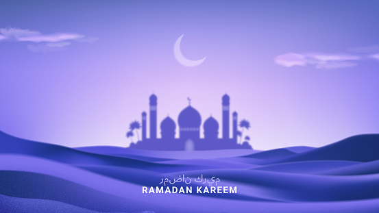 Celebration banner for Ramadan Kareem. Realistic night desert landscape with clear sky, crescent and clouds. 3d vector illustration with mosque silhouette. Arabic text translation Ramadan Kareem.
