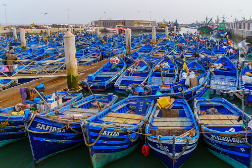 Essaouira, Morocco - April 06, 2023: Scene of the fishing port, with boats and fishermen, in Essaouira (Mogador), Morocco