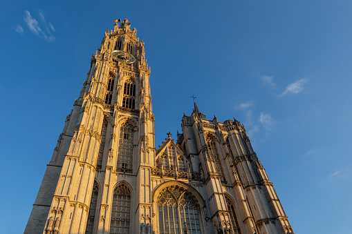 The Cathedral of Our Lady against the backdrop of a blue sky. Antwerp, Belgium