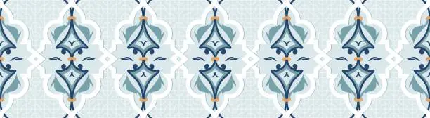 Vector illustration of Seamless geometric pattern with floral elements in blue and white colors. Decorative arabesque in Arabic style.