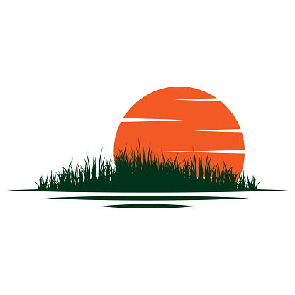 Sunset Sunrise with Grass Lake Creek River Illustration Design Vector