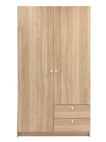 Front view wooden furniture closet wardrobe isolated on white background with clipping path