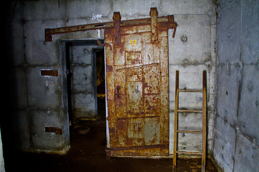 Explore the eerie remnants of an abandoned industrial facility in East of St. Louis, Illinois. This rust-covered metal door, ajar with peeling paint, reveals a mysterious room beyond.