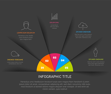 Vector multipurpose Infographic template with five elements, description, numbers and icons on fan black papers with color center and dark footer. Simple infograph template