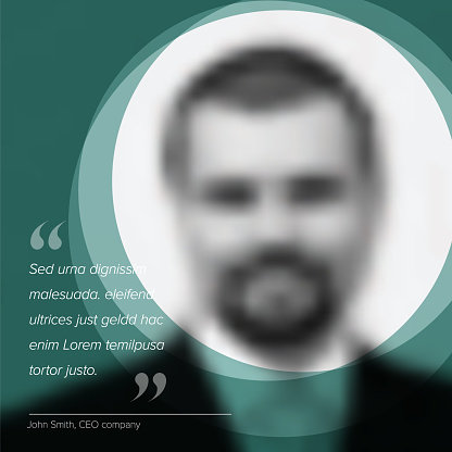 Profile photo with a quote template. Profile qote template for motto, testimonial, review, opinion. Photo quotation layout with portrait teal frame photo placeholder and dummy quote text in circle.