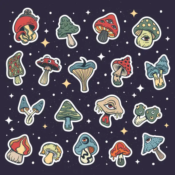 Vector illustration of Trippy psychedelic mushroom sticker set, cute doodle sketch hand drawn style, vector illustration