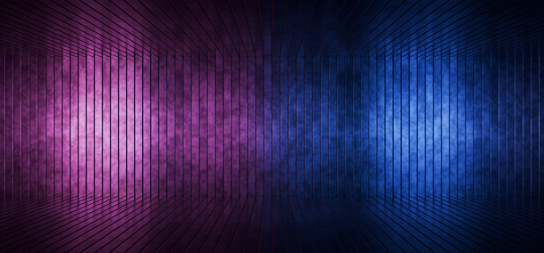 Design Banner Blue Pink Light Metallic Strips Metal Warehouse Empty Stage Game Advertising Product Design Podium Exhibition Hall Template Hangar Ship Glitter Spaceship Garage Background Neon Laser Led Light Darkness 3d rendering