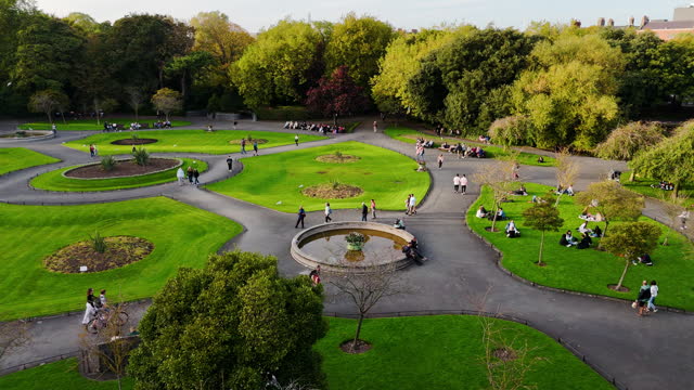 Aerial view of St Stephens Green park, Famous city parks in europe, popular tourist destination in ireland, aerial view of St Stephens Green public park Dublin Merrion Square