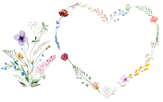Heart and bouquet made with watercolor summer wildflowers, seeds and leaves illustration, isolated. Colorful floral wreath for fall wedding stationery and greetings cards