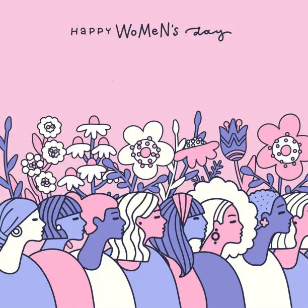 Vector illustration of Happy International Women's Day greeting card. Girls from different cultures with spring flowers. Freedom, independence, equality struggle poster template. Female faces profile with various hair.