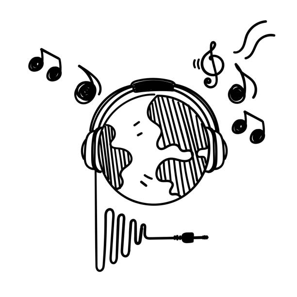 hand drawn doodle earth globe listening music using headset illustration - peace on earth audio stock illustrations