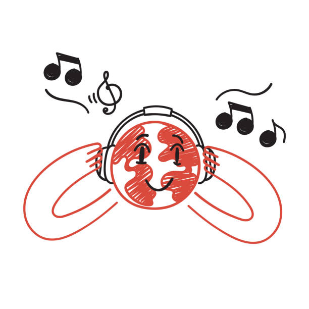 hand drawn doodle earth globe listening music using headset illustration - peace on earth audio stock illustrations