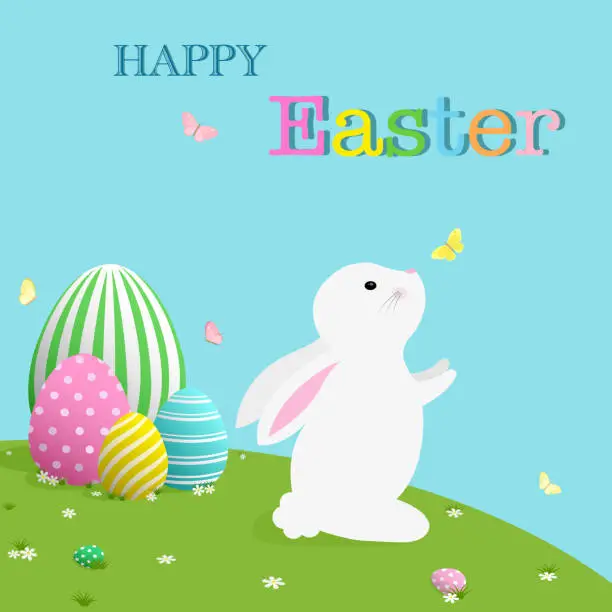 Vector illustration of Happy Easter celebration vector illustration, cute white bunny rabbit trying to catch beautiful butterfly in green grass field spring flower meadow garden on blue sky with colorful Easter egg painted