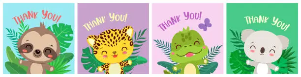 Vector illustration of Cute animal characters thank you card set.