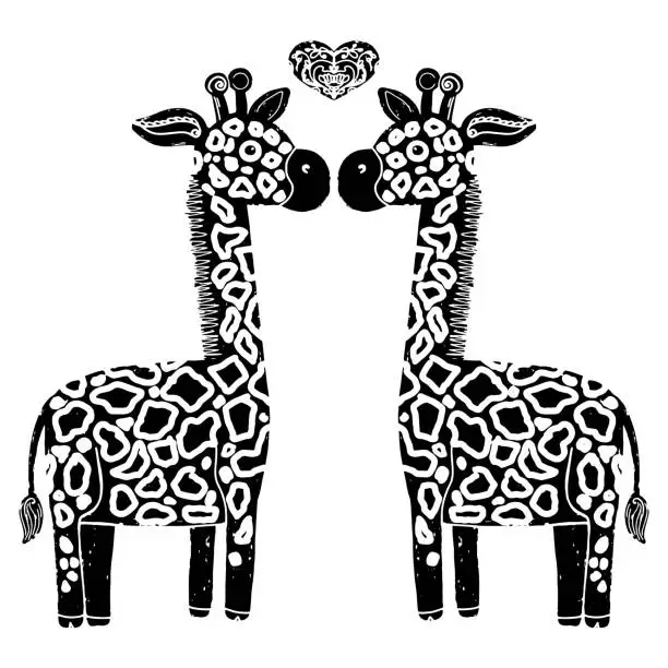Vector illustration of Giraffes in love. Symmetrical illustration, two giraffes. In the style of linocut, print, ink. Vector