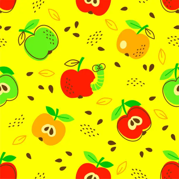 Vector illustration of Vector hand drawn seamless pattern in a doodle style. Red apples and caterpillar on yellow background