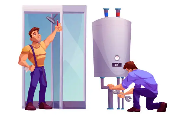 Vector illustration of Professional plumbers install or repair plumbing