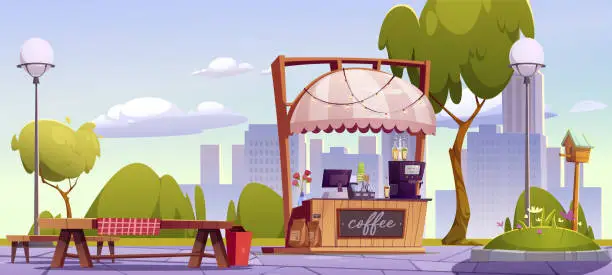 Vector illustration of Street cafe with coffee in public city park.