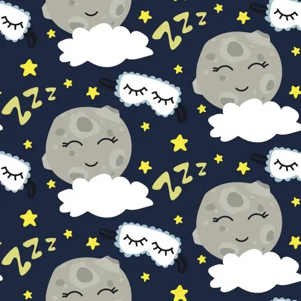 Vector illustration of A pattern with a cute moon and a headband for sleeping, stars, clouds on blue. Children's illustration. Printing on paper and textiles. Gift wrapping, background for postcards, banner, fabric.