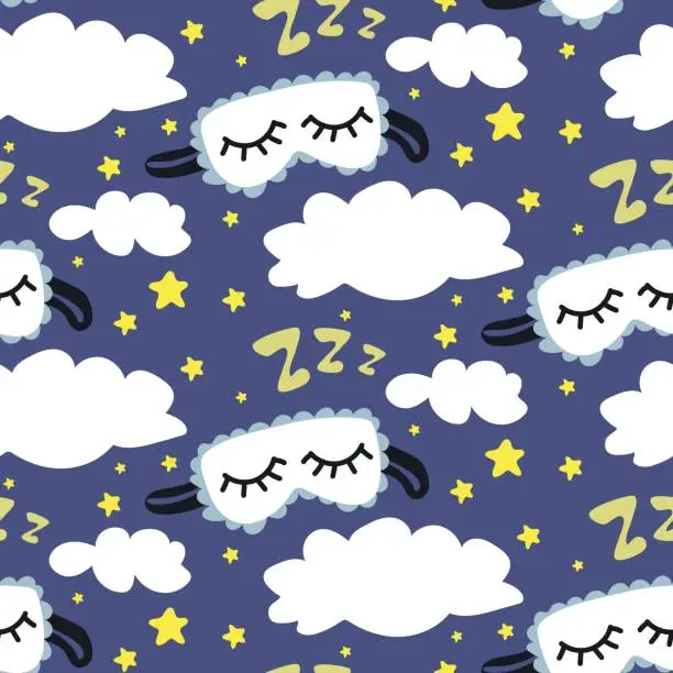 Vector illustration of A pattern with a cute headband for sleeping and stars in the clouds. Children's illustration. Printing on paper and textiles. Gift wrapping, background for postcards, banner, fabric.