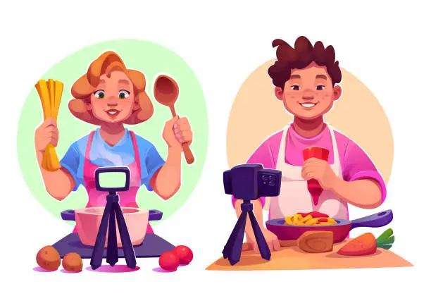 Vector illustration of Set of food bloggers cooking on camera