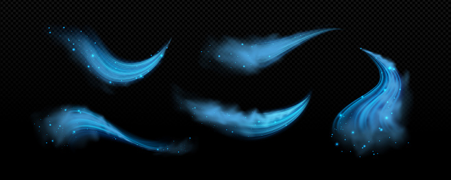 Fresh cold air waves with wind flow effect. Realistic vector illustration set of blue jets of cool airstream with dust or ice particles. Transparent purification breeze air blow with sparkles.