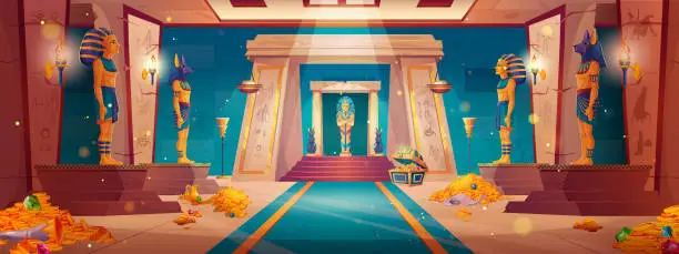 Vector illustration of Egyptian palace interior with sarcophagus and gold