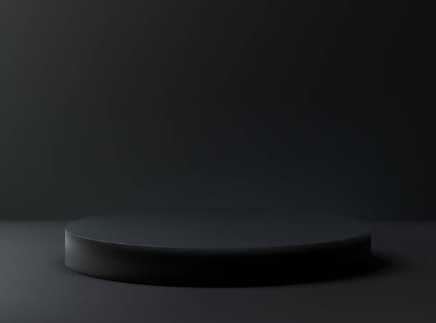 istock 3D realistic vector black round mockup. Black podium, real view with round shadow pedestal on abstract dark background 1992731887