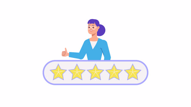 Five star rating feedback animation.  Woman character shows thumbs up. Customer and User review, Rate Stars. Good Experience, quality service. 2d Cartoon style animated footage