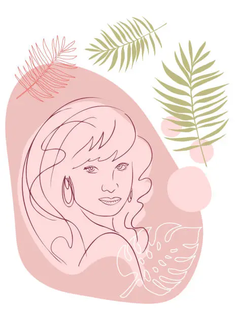 Vector illustration of Boho Style Line Art Woman With Leaves And Abstract Shapes