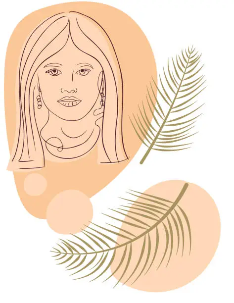 Vector illustration of Boho Style Line Art Woman With Leaves And Abstract Shapes
