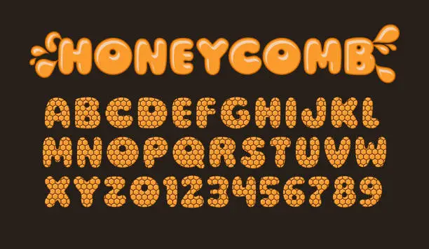 Vector illustration of Honeycomb Alphabet Honey Font Bee Hive Letters Numbers Beekeeper Monogram