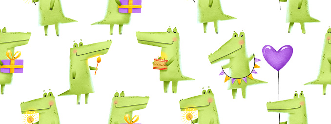 Seamless pattern for Birthaday with green crocodiles. Crocodiles celebrating birthday with gifts, balloons and cakes. Endless background. Alligators and monsters. Ideal for wrapping paper